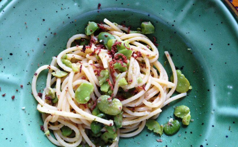 Spaghettoni fave, bottarga e pecorino